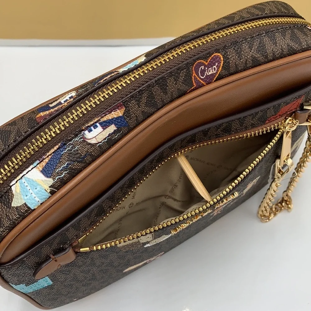 MICHAEL KORS JET SET GIRLS LARGE EAST WEST ZIP PACKED CHAIN XBODY BROWN MULTI